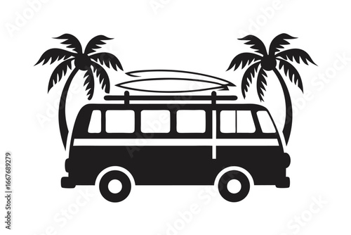 Campervan with Surfboards on White Background for Adventure Branding