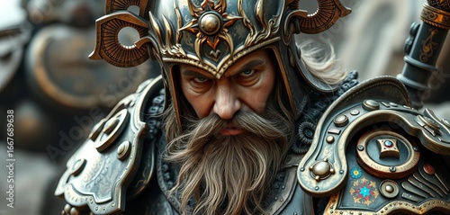 Timeless warrior in ornate steampunk armor, weathered by ages,  sword,  armor