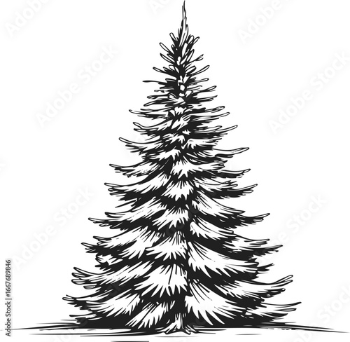 Detailed pine tree doodle, hand drawn thick ink strokes, tall triangular shape with needles, clean monochrome vector style 1