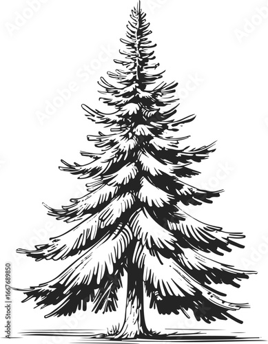 Detailed pine tree doodle, hand drawn thick ink strokes, tall triangular shape with needles, clean monochrome vector style 2