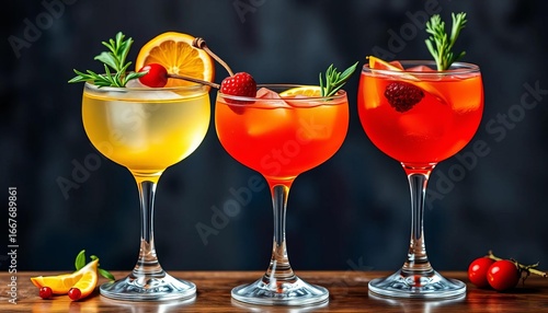 Wallpaper Mural Three elegant cocktails, garnished with fruit and herbs, in unique glasses,  lime,   still life Torontodigital.ca