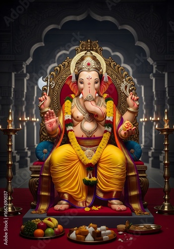 AI Generated Majestic Lord Ganesha Seated on a Throne with Offerings for Ganesh Chaturthi Festival