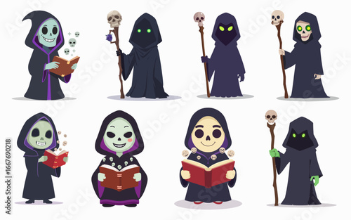 Cartoon Flat Drawing of Dark Fantasy Characters with Hooded Wizard Mysterious Mage and Grim Reaper
