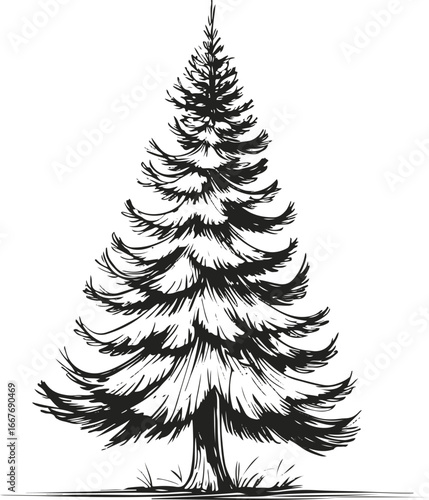 Detailed pine tree doodle, hand drawn thick ink strokes, tall triangular shape with needles, clean monochrome vector style.