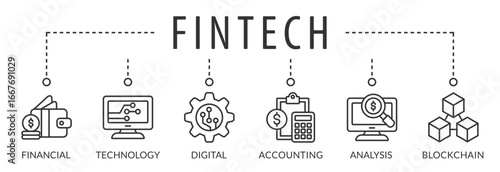 Banner Fintech Internet Concept. text and Investment Financial Technology vector icons