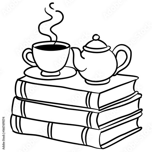 Hand drawn book stack illustrations with coffee cups cozy reading doodle designs cottagecore study elements for journaling scrapbooking stickers invitations classroom decorations and crafts