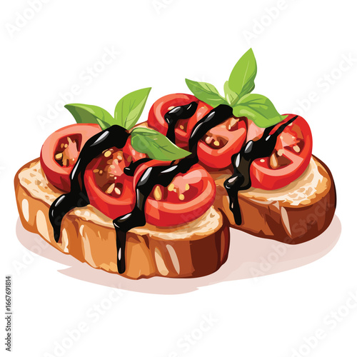 flat vector of bruschetta with tomatoes, basil, and balsamic drizzle on toasted bread