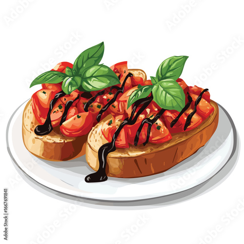 flat vector of bruschetta with tomatoes, basil, and balsamic drizzle on toasted bread