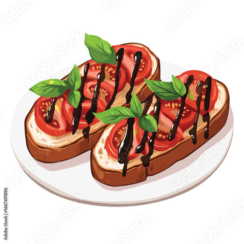 flat vector of bruschetta with tomatoes, basil, and balsamic drizzle on toasted bread