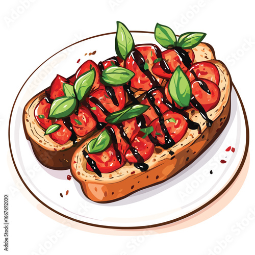 flat vector of bruschetta with tomatoes, basil, and balsamic drizzle on toasted bread