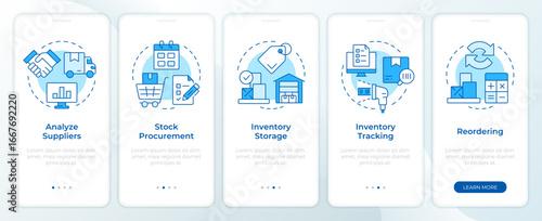 Steps of inventory management process blue onboarding mobile app screen. Walkthrough 5 steps editable graphic instructions with linear concepts. UI, UX, GUI. Montserrat SemiBold, Regular fonts used