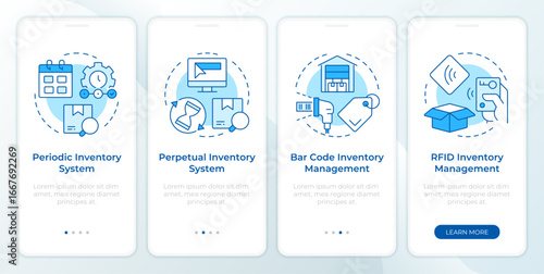 Inventory management systems blue onboarding mobile app screen. Supplies. Walkthrough 4 steps editable graphic instructions with linear concepts. UI, UX, GUI. Montserrat SemiBold, Regular fonts used