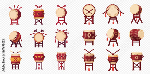 Collection of Asian-style drums, various angles and designs, on stands.
