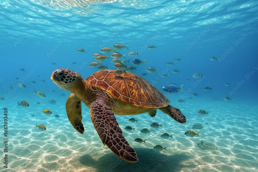 Fototapeta premium 群れ泳ぐ小魚と海亀 実写風イラスト