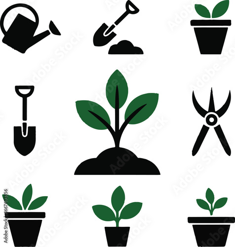 Gardening icons set. Planting, care, vegetable garden. Monochrome black and white icon