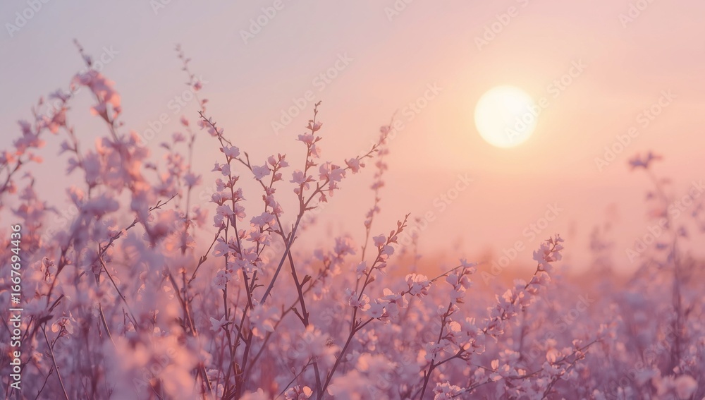 Fototapeta premium Serene Pink Blossom Field at Sunrise: Soft, Dreamy Pastel Spring Landscape