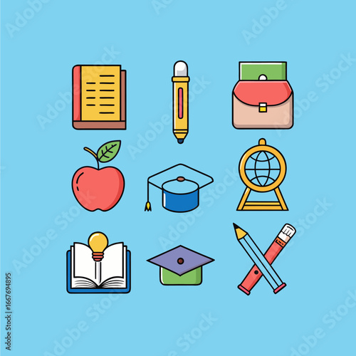 Cartoon School Icons Grid – Books, Graduation Cap, Pencil, Globe, and More