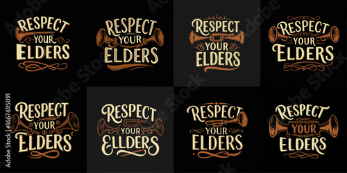 Collection of 'Respect Your Elders' designs, featuring vintage-style typography and musical horn illustrations, perfect for t-shirts and awareness campaigns.