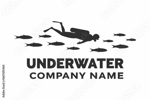 Diver Silhouette with School of Fish on White Background Design