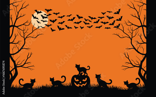Spooky orange sky silhouette with bats cats and full moon