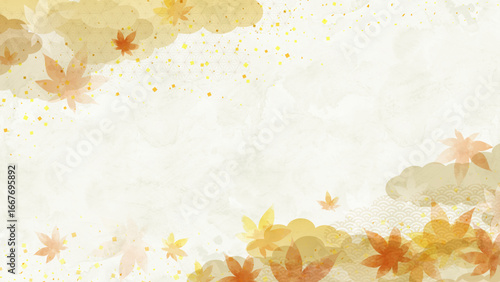 秋の和風背景、紅葉の水彩背景イメージ