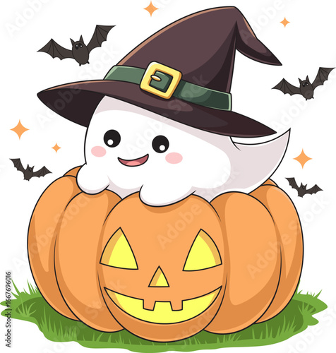 Cute Halloween Ghost with Witch Hat and Pumpkin - Kawaii Spooky Illustration with Bats and Stars