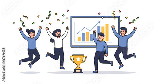 Business Team Celebrating Success with Trophy and Chart 1.