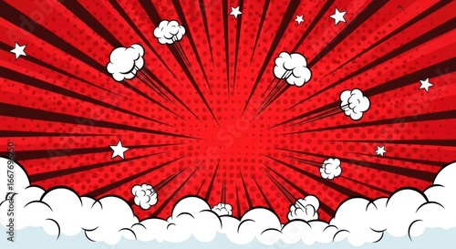 Vibrant Red Comic Book Explosion with Radial Lines, Halftone Dots, and Cartoon Clouds.