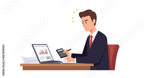 Businessman working diligently at his desk with laptop and calculator 1.