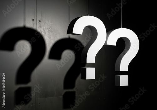 Three large white question marks hanging in front of a dark background