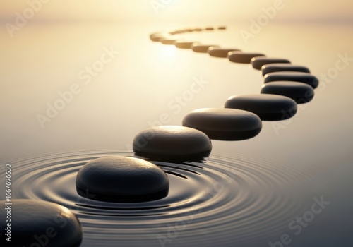 Stepping stones in water creating ripples at sunset