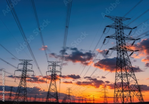 Electricity pylons and power lines silhouetted against a sunset sky