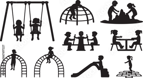 Playground equipment silhouette icons set – simple, children and park play symbols