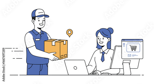 Delivery Person Handing Package to Customer at Counter.