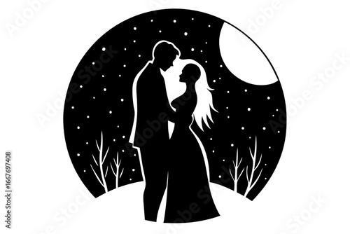 Vector art of silhouette of  Romantic couple  under the moonlight
