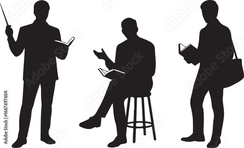 Set of male teacher with book silhouette vector 