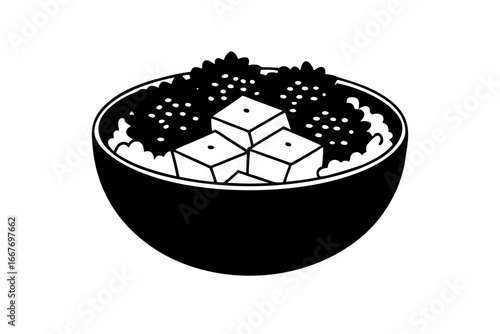 Vector art of silhouette of Black bowl with tofu and vegetables