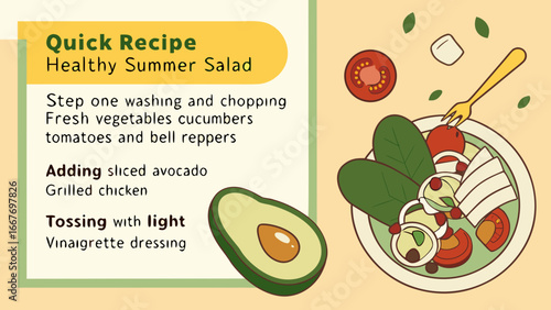 Illustration of a healthy summer salad recipe with ingredients and preparation instructions displayed clearly