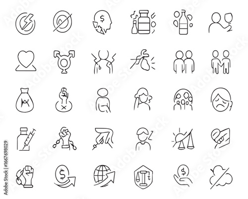 Set of outline icons related to global issues, problems. Linear icon collection