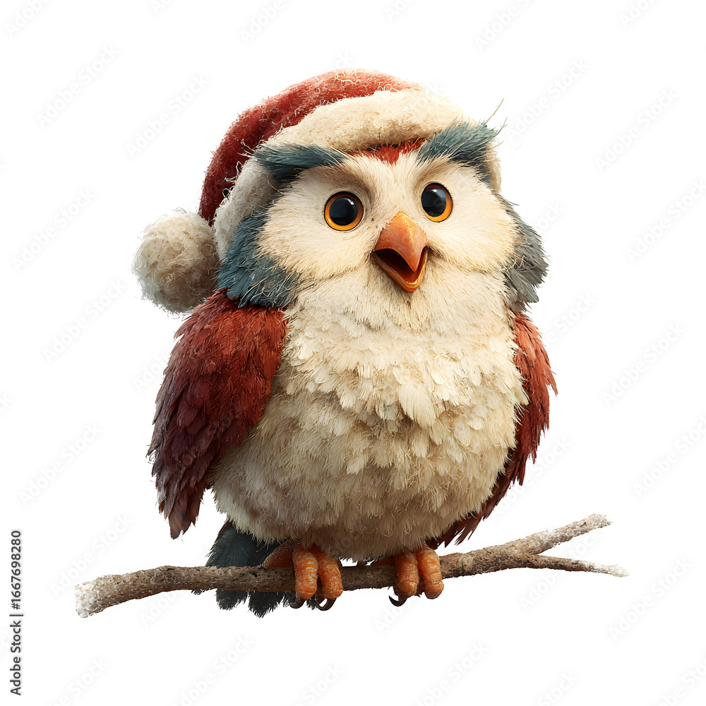 Obraz premium Cartoon owl with Santa hat sitting on branch, winter holiday character, isolated on transparent background.