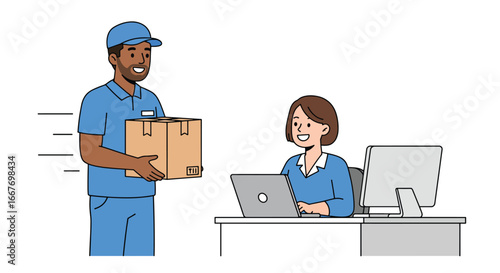 Delivery Person Handing Package to Office Worker.
