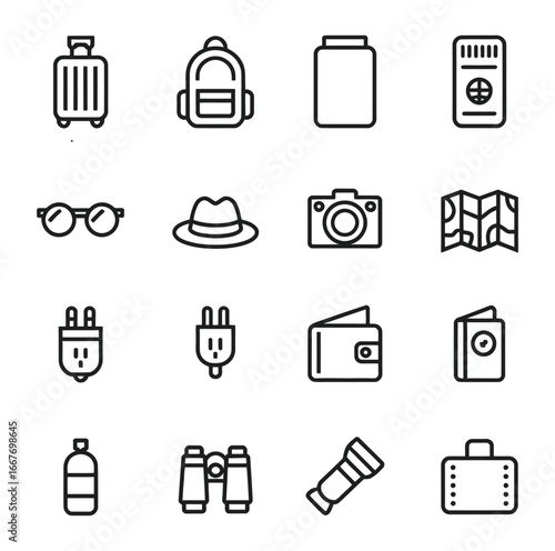 Travel essentials icons luggage backpack