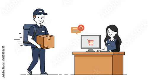 Delivery Person Handing Package to Store Clerk.