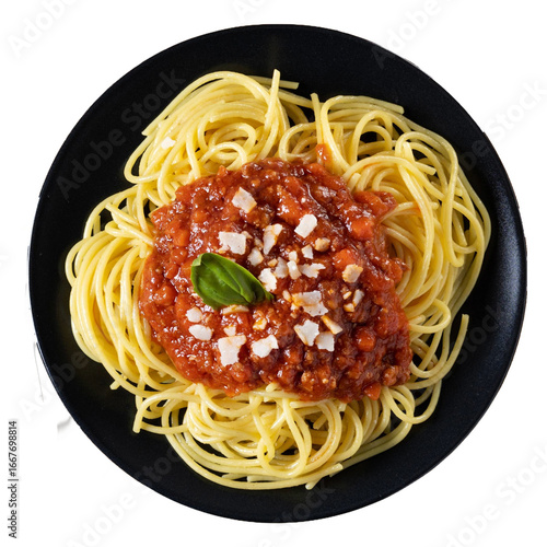 Delicious Spaghetti Carbonara with rich tomato sauce and parmesan cheese