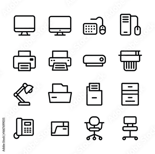 Office equipment icons computer printer desk lamp telephone file cabinet