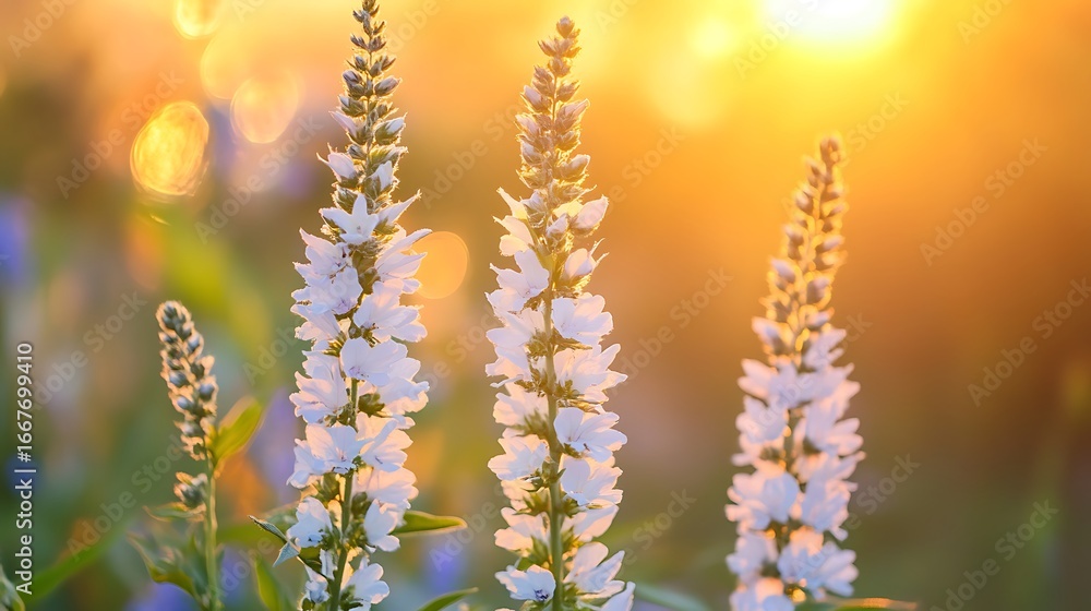 Obraz premium Flowers of veronica oak closeup in nature at sunset
