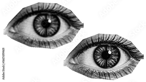 Retro vintage Eye halftone on transparent PNG. Ideal for overlays, posters, and designs. High-res, AI-based with human edited effects. Old vintage TV in trendy dotted pop art style.