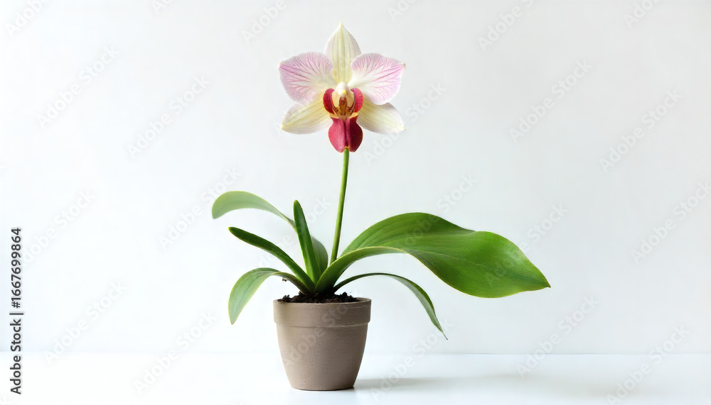 Fototapeta premium Single Slipper Orchid in Gray Pot on White Background