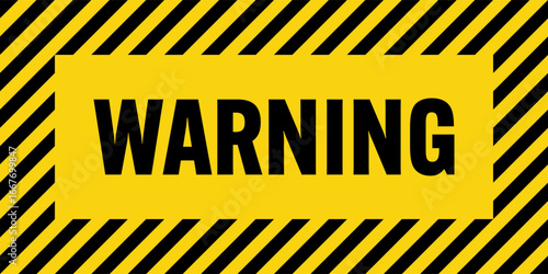 Warning sign with yellow and black diagonal lines. Attention, danger or caution symbol. Construction site signage, road safety notice, hazard banner, security alert shield. Vector illustration