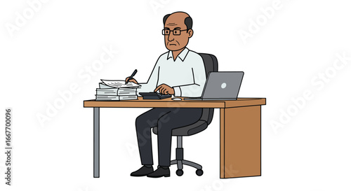 Elderly Accountant Working Diligently at His Desk.